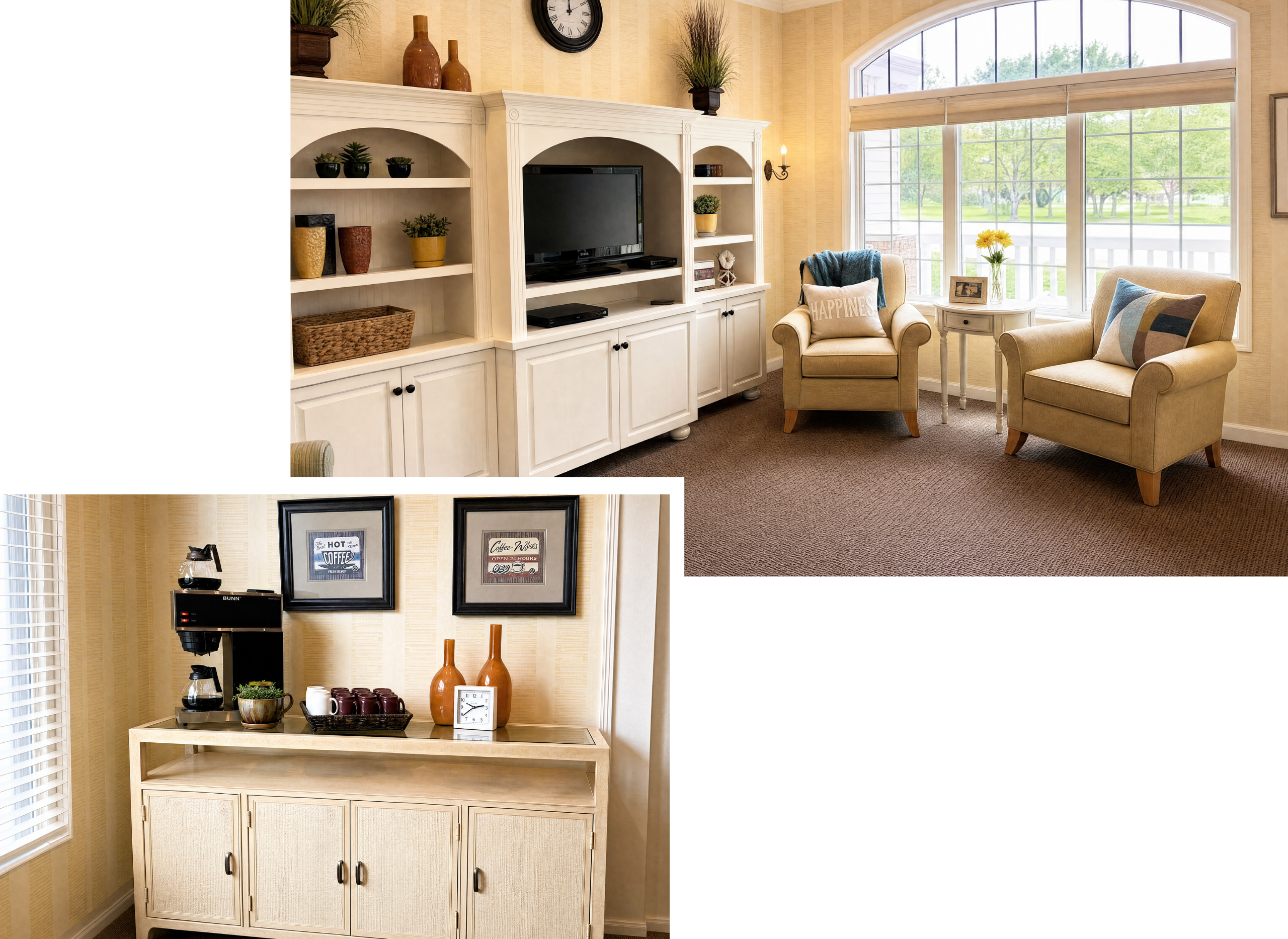 A cozy living room with two beige armchairs, a white side table with a vase of yellow flowers, and a large window overlooking a green outdoor area; a white entertainment center with a TV, decorative vases, and plants; and a separate coffee station with a coffee maker, framed pictures, vases, a clock, and mugs on a light-colored cabinet.